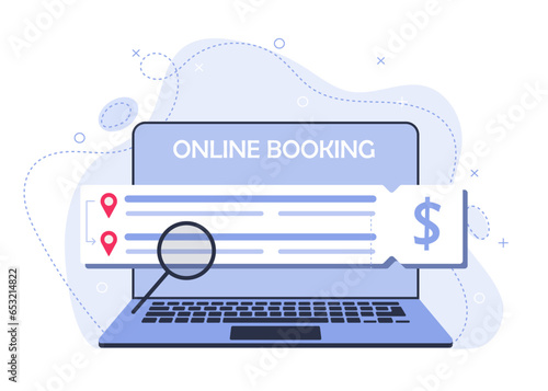 Online booking air, train or bus tickets. Illustration of searching for tickets on the website