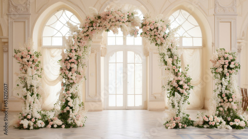 The wedding arch decorated with flowers stands in the luxurious area of the wedding ceremony. © Ruslan Gilmanshin