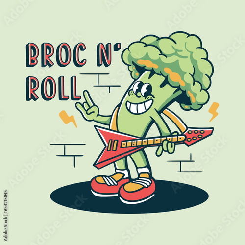 vintage cartoon broccoli holding electric guitar