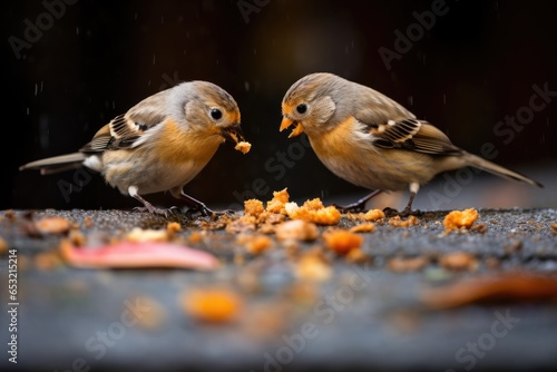 two birds sharing a small piece of bread on the ground