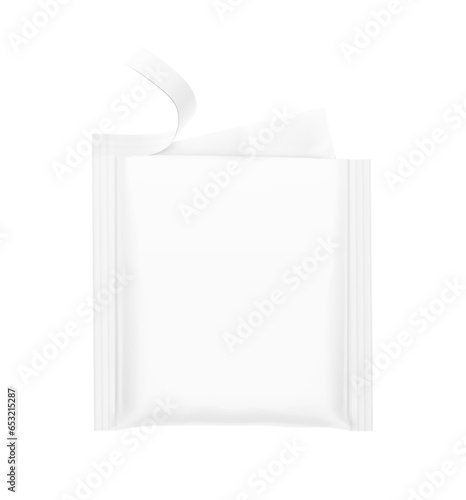 Torn sachet mockup with napkin. Hyper realistic. Vector illustration isolated on white background. Flat lay view. Packaging for cosmetic, food, pet. Ready for your design. EPS10.