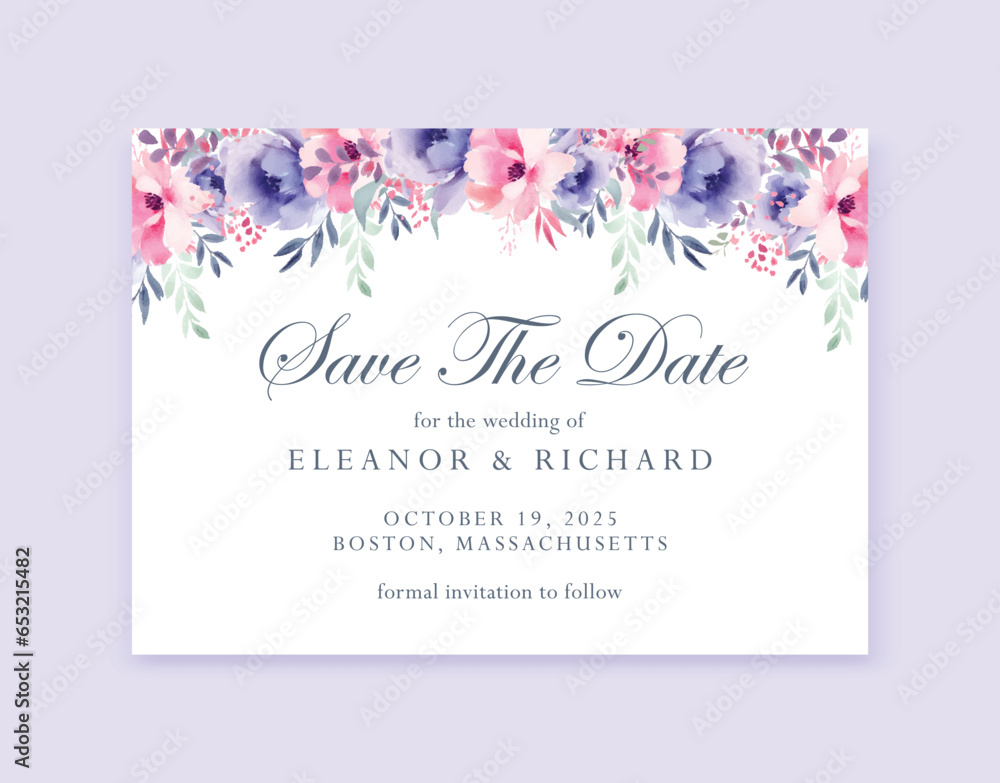 Save The Date Wedding pastel floral square invitation card design with vintage watercolor flowers. Vector template