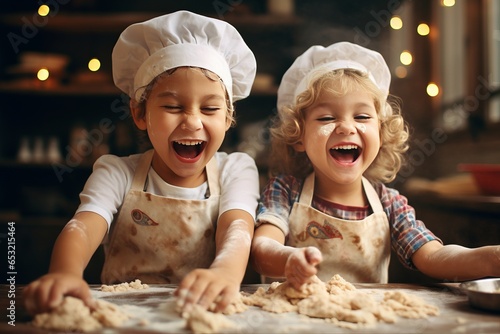 two happy little kids who are trying to learn to cook generative ai