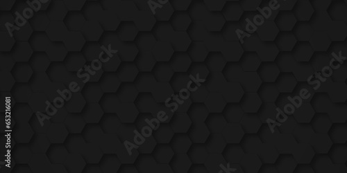 Background of abstract black 3d hexagon background design a dark honeycomb grid pattern. Abstract octagons dark 3d background. Black geometric background for design.