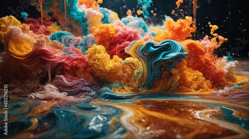 Illustration Of A Swirling Liquid Cloud Colour Paint, Paint Drip, In The Style Of Triple Exposure Photography. Vibrant, Striking Colours, Extremely Cinematic.