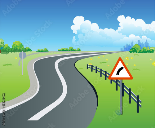 Vector illustration of a landscape with the curve of the road leading to the city seen in the distance.