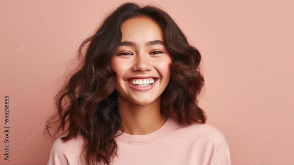 Fototapeta premium A beautifully lit studio portrait reveals the genuine happiness of a teenage girl, making her smile truly shine.