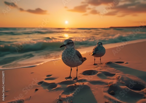 Two seagulls on the seashore against the backdrop of sunset. Generated AI