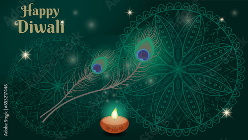 Indian Diwali lights festival background. Peacock feathers, mandalas,burning diya lamps and lights. Vector illustration on a deep green background. For greeting card, banner, poster, web. 