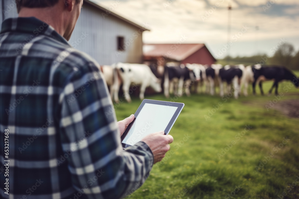 Farmer using tablet with blurred milk cow background Farmer using tablet with blurred milk cow background