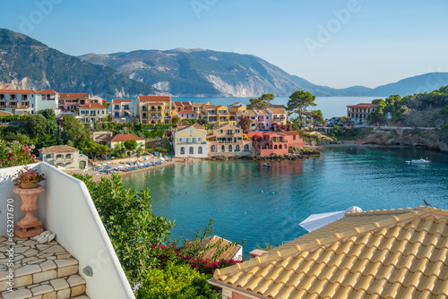 Elevated view of harbour and colourful houses in Assos, Assos, Kefalonia, Ionian Islands, Greek Islands photo