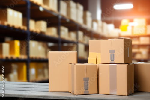 Parcel box package with blurred shelve background in retail store for delivery.