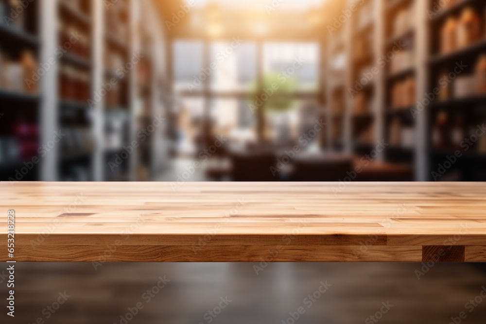 Top of surface wooden table with blurred grocery store background. Top of surface wooden table with blurred grocery store background.