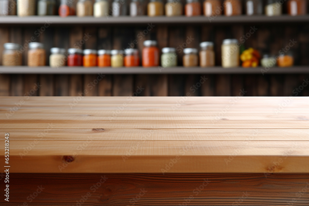 Top of surface wooden table with blurred grocery store  background.