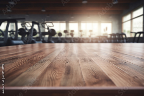 Top of surface wooden table with blurred fitness gym background.