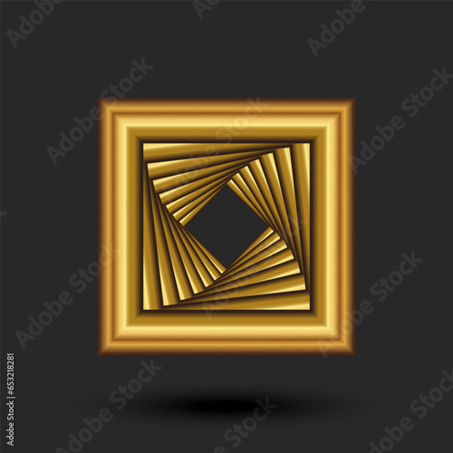 Gold square logo spiral portal perspective with twisting, mystic golden fractal metallic shape identity design mockup.