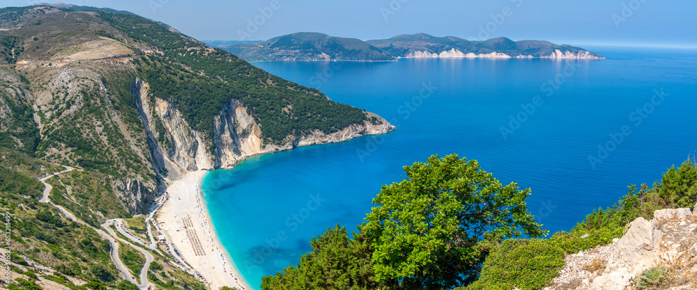 View of Myrtos Beach, coastline, sea and hills near Agkonas, Kefalonia, Ionian Islands, Greek Islands