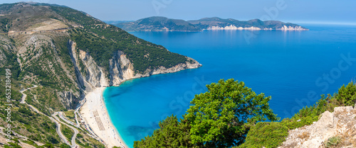 View of Myrtos Beach, coastline, sea and hills near Agkonas, Kefalonia, Ionian Islands, Greek Islands photo