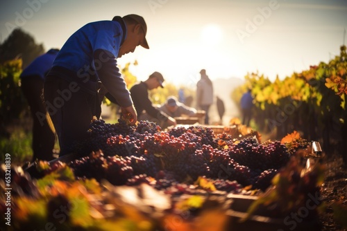 In sun-drenched vineyard a group of people gathers to participate in the annual grape harvest. Generative Ai