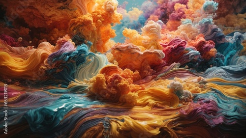 Illustration Of A Swirling Liquid Cloud Colour Paint, Paint Drip, In The Style Of Triple Exposure Photography. Vibrant, Striking Colours, Extremely Cinematic.