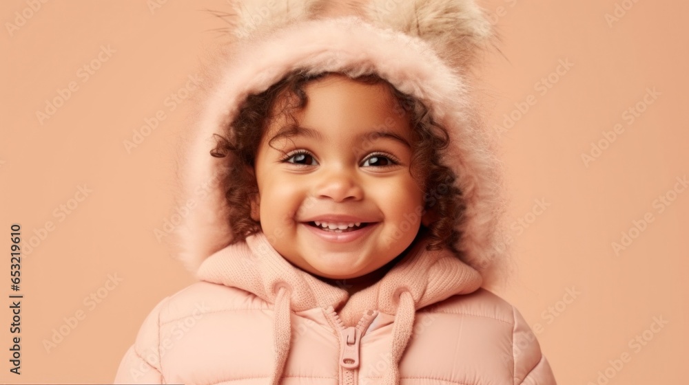Positively joyful Afro girl in a studio portrait on a beige wall. Positively joyful Afro girl in a studio portrait on a beige wall.