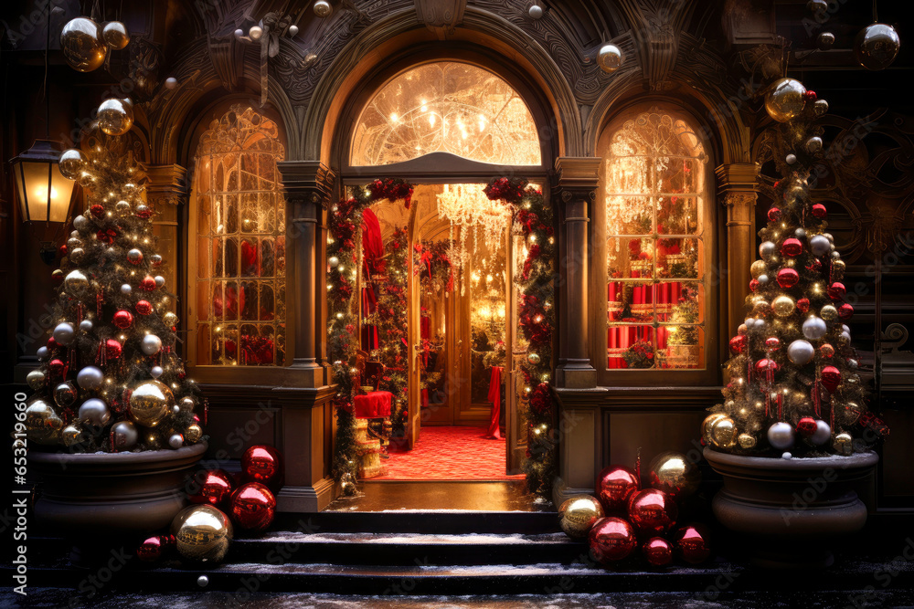 A luxurious Christmas store with lights and decorations.