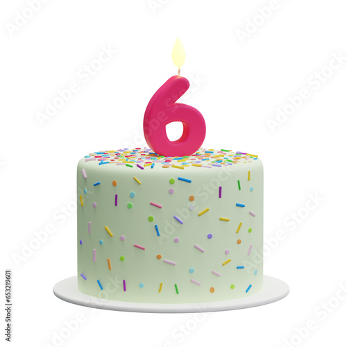 Cartoon cake with a candle in the shape of the number 6. Sixth birthday cake, anniversary. Isolated illustration on white background, 3d rendering photo