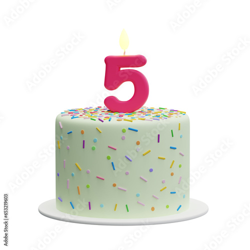 Cartoon cake with a candle in the shape of the number 5. Fifth birthday cake, anniversary. Isolated illustration on white background, 3d rendering photo