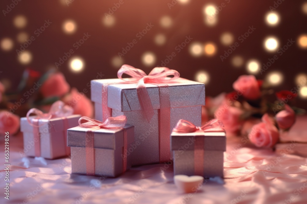 Pink gift boxes for Valentine day. Close up. Greeting card with copy space. Pink gift boxes for Valentine day. Close up. Greeting card with copy space.
