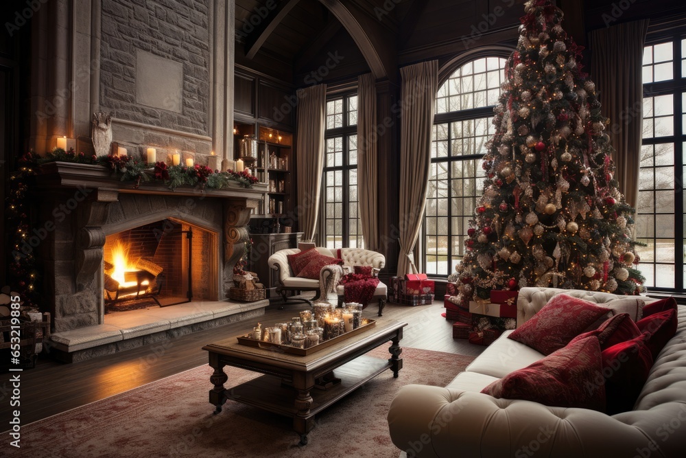 Christmas tree in living room with fireplace. Generative AI