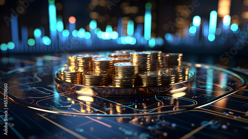 Many coins on a bright bokeh background