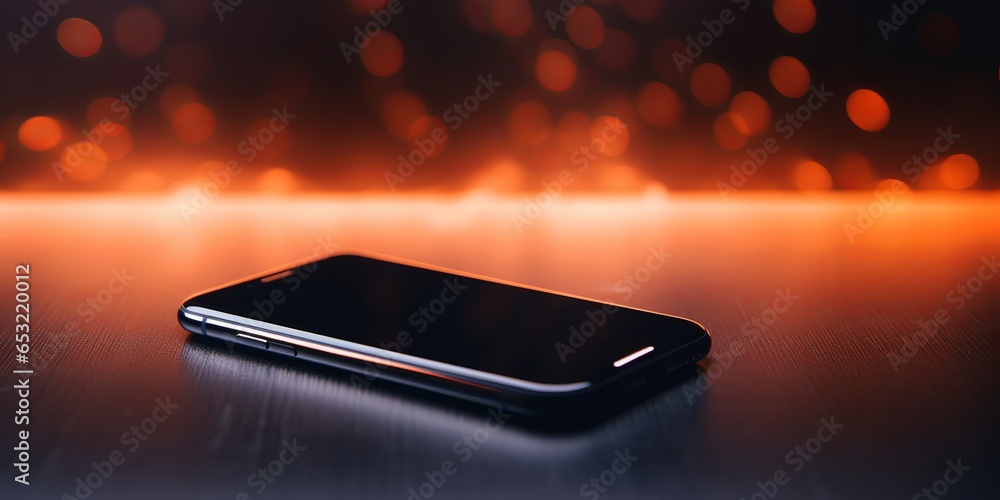 Close Up Phone With Orange Background, Dark background, Phone On Dark Background Close Up Phone With Orange Background, Dark background, Phone On Dark Background