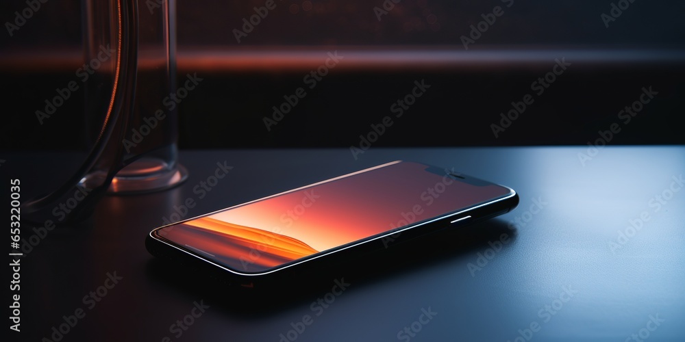 Close Up Phone With Orange Background, Dark background, Phone On Dark Background Close Up Phone With Orange Background, Dark background, Phone On Dark Background