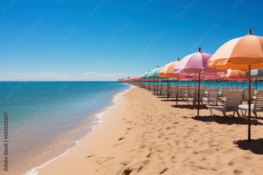 A wide-angle view of a sandy beach, with beach umbrellas and colorful towels dotting the shoreline, creating a vibrant and inviting scene