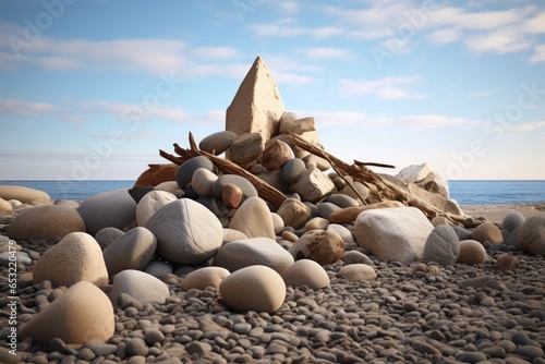 pile of different shapes and sized rocks on a beach