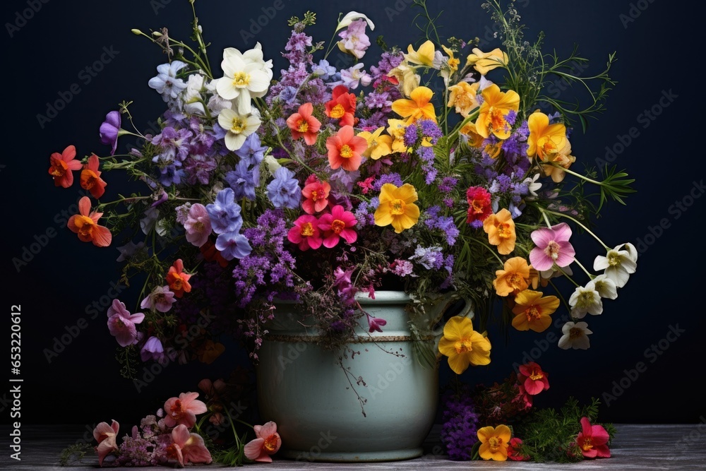 various kinds of colorful flowers blooming in a single pot