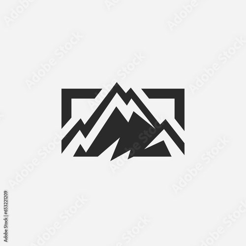Mountain peak logo. Outdoor alpine adventure icon. Wilderness mountain range landscape symbol. Vector illustration.
