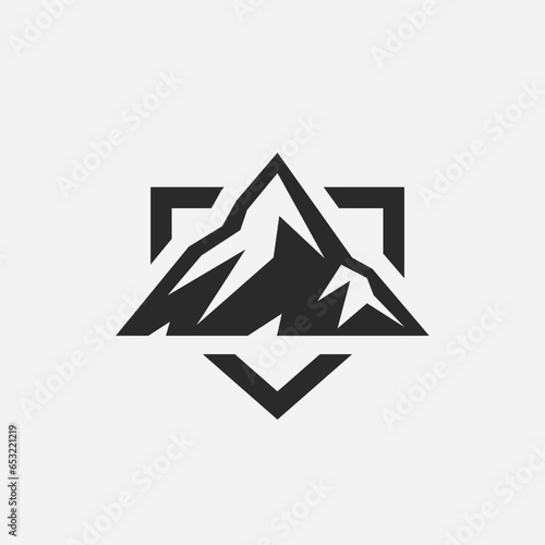Mountain peak logo. Outdoor alpine adventure icon. Wilderness mountain range landscape symbol. Vector illustration.