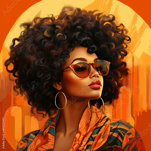Pretty black woman with glasses on an orange background.