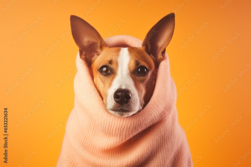 Group portrait photography of a cute basenji dog wearing a thermal blanket against a pastel orange background. With generative AI technology
