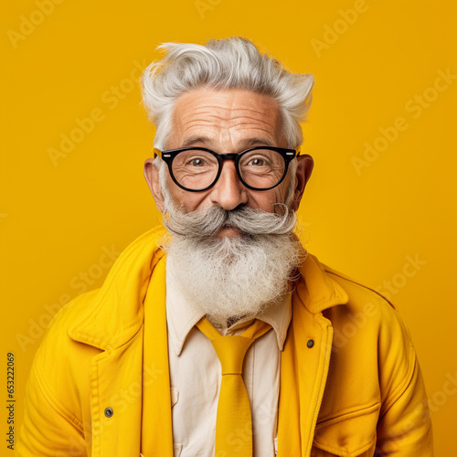 Hipster senior man on a yellow background.