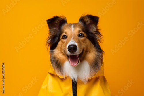 Lifestyle portrait photography of a smiling shetland sheepdog wearing a raincoat against a yellow background. With generative AI technology