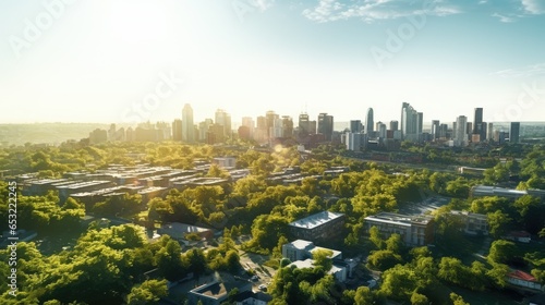 Aerial view of a modern city with green rooftops, solar panels, and wind turbines. Bright sunlight creates a vibrant, optimistic mood. Shot by a DJI Phantom 4 Pro drone camera, capturing the urban su