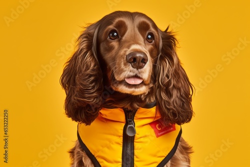 Photography in the style of pensive portraiture of a smiling cocker spaniel wearing a cooling vest against a yellow background. With generative AI technology