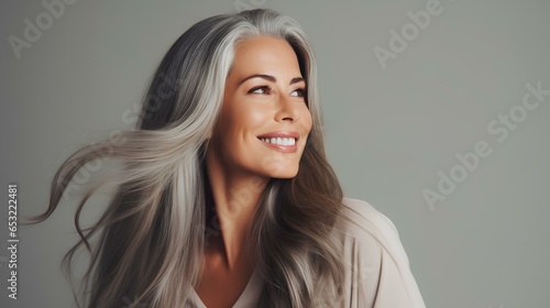 A joyful, beautiful, aged woman with delicate flawless skin, gray ash-colored hair enjoying the result of cosmetic procedures. photo