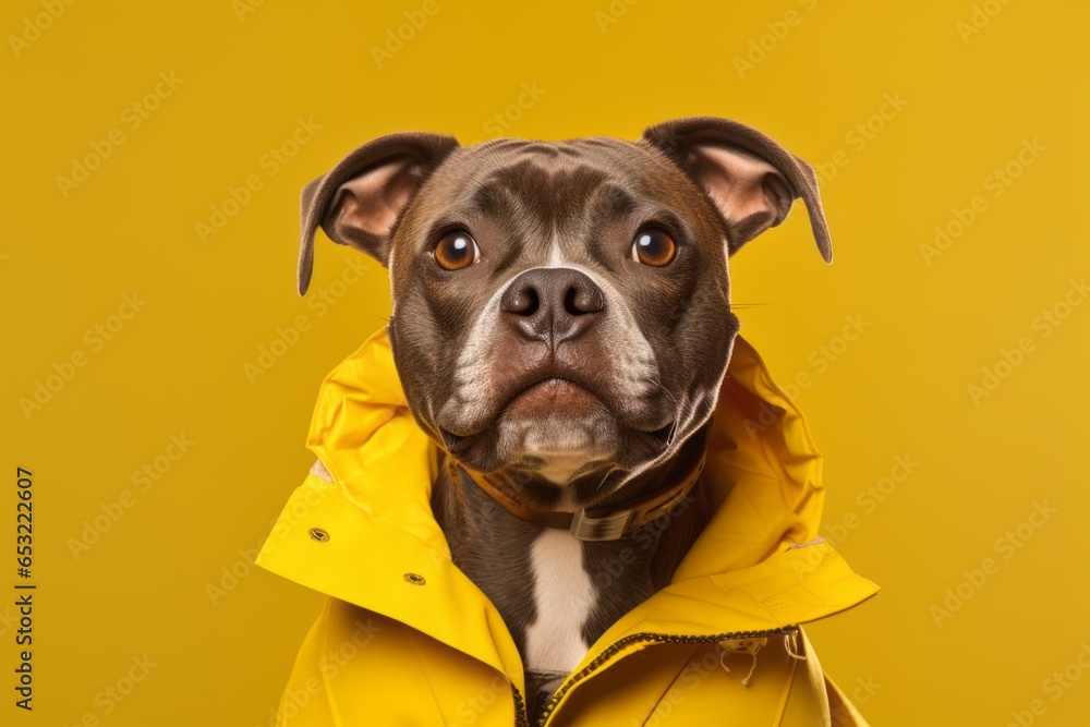 Lifestyle portrait photography of a funny staffordshire bull terrier wearing a sherpa coat against a yellow background. With generative AI technology