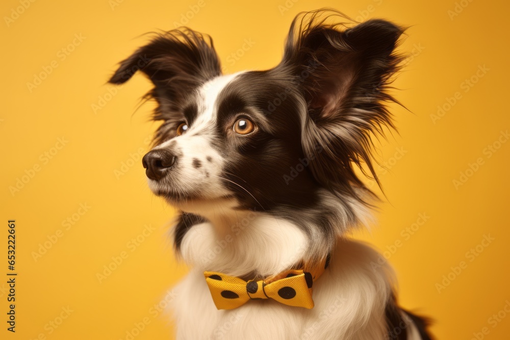 Lifestyle portrait photography of a cute papillon dog wearing a spiked collar against a yellow background. With generative AI technology