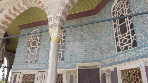 Daytime, cinematic slow-mo, the exterior motifs of Topkapi Palace's Bagdat Kosku, moving gently from right to left. photo