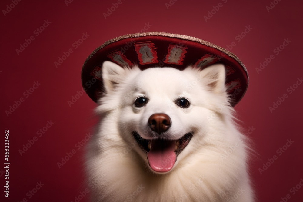 Environmental portrait photography of a smiling american eskimo dog wearing a sombrero against a burgundy red background. With generative AI technology Environmental portrait photography of a smiling american eskimo dog wearing a sombrero against a burgundy red background. With generative AI technology