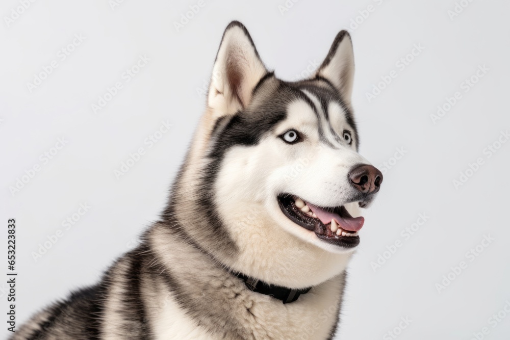 Photography in the style of pensive portraiture of a smiling siberian husky wearing a training vest against a pearl white background. With generative AI technology